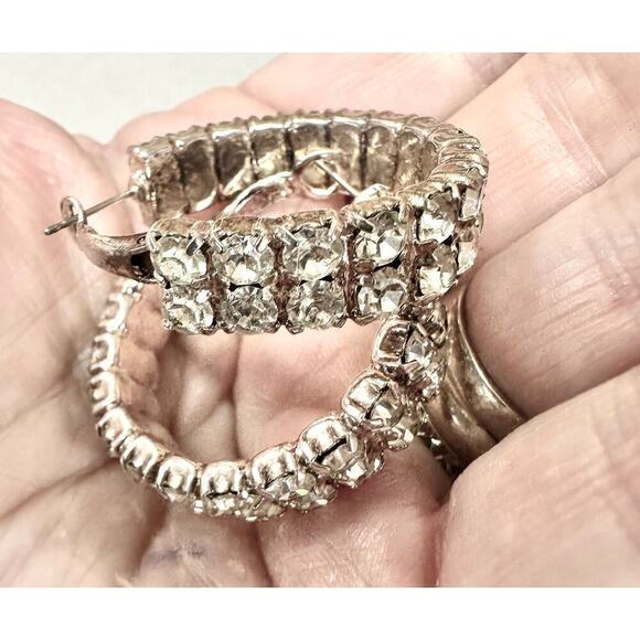 Vtg Hoop Earrings Statement double row crystals//pierced cocktail wedding 1.4" - Picture 4 of 6